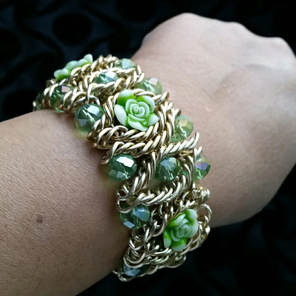 Green Rhinestones and Roses Stretch Boho Bracelet Goldtone